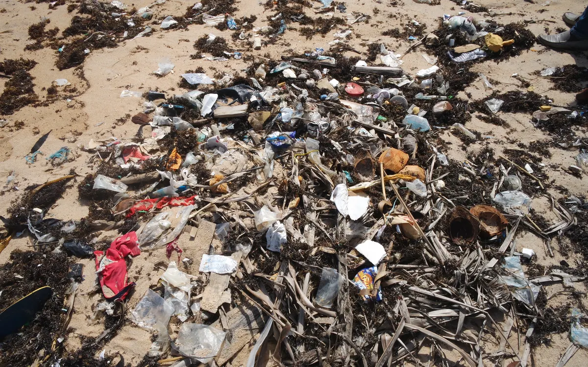 Déchets plastiques et matières échouées observés sur une plage de Grand-Bassam — Archive PNL