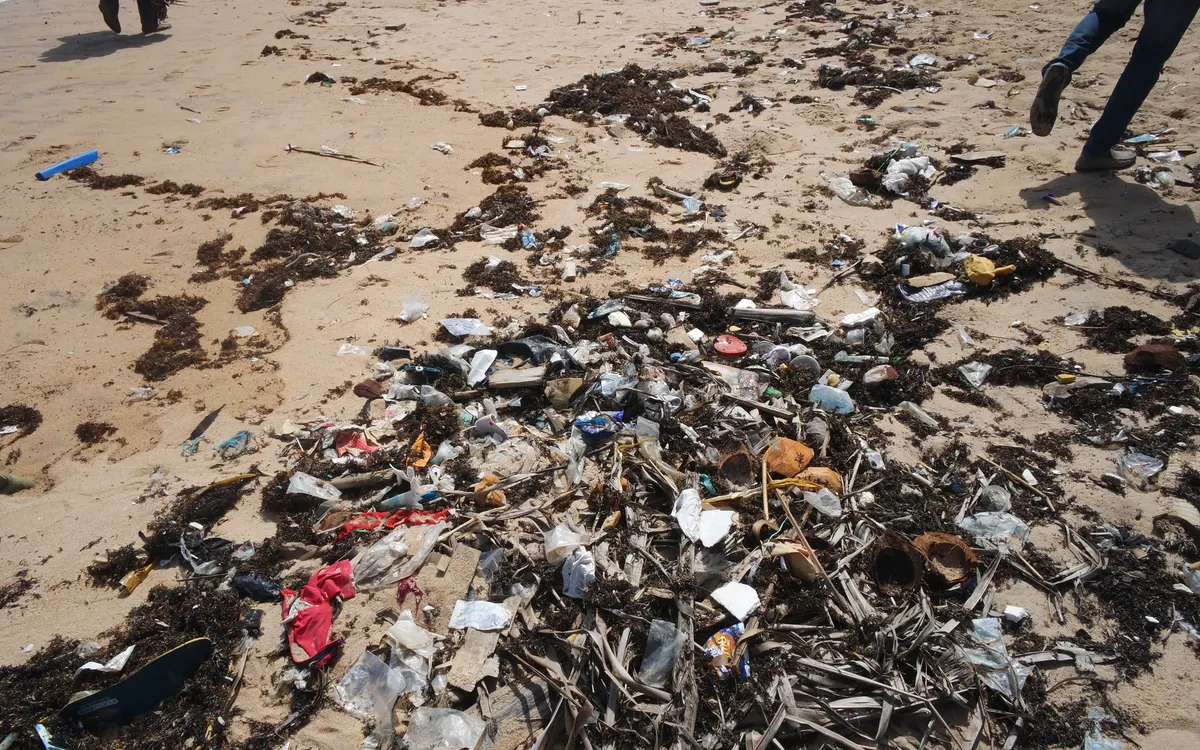 Accumulation de déchets littoraux sur le sable à Grand-Bassam — Archive PNL