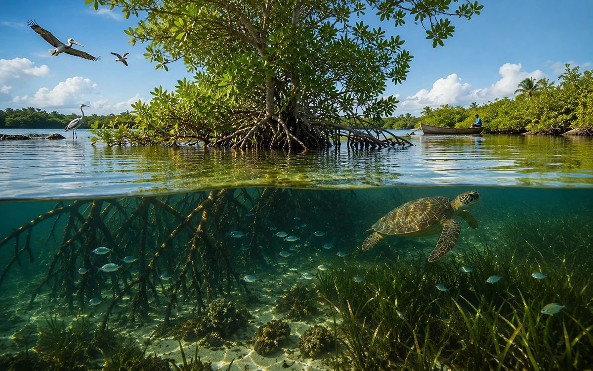 Illustration pédagogique liée aux lagunes, mangroves et biodiversité